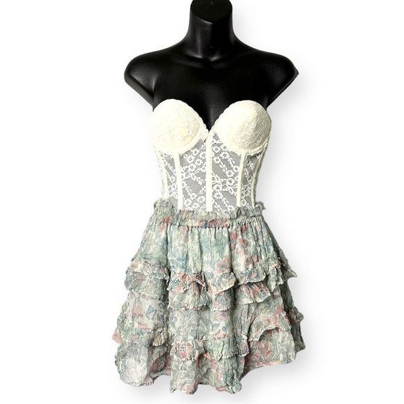 LoveShackFancy Benicia Layered Tiered Chiffon Ruffle Mini Skirt Mystical Foliage - Picture 1 of 12